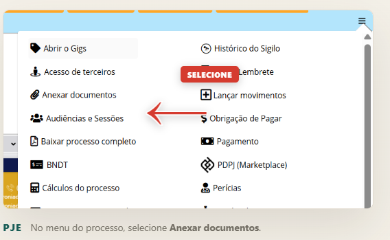 Menu do processo no PJe com a opção Anexar documentos